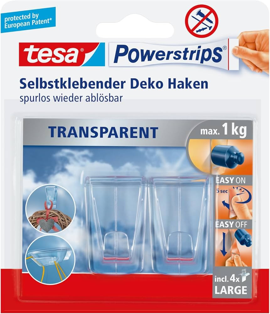 tesa Klebehaken für transparente Oberflächen und Glas (1 kg) - Durchsichtige, selbstklebende Ha... | Amazon (DE)