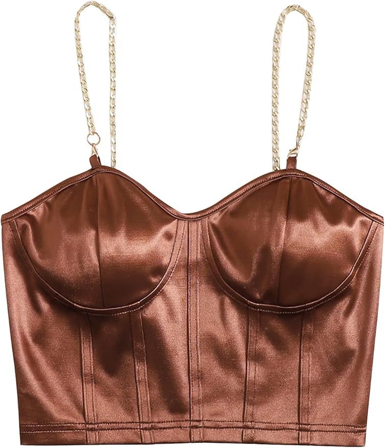 Romwe Women's Satin Strap Chain Bustier Crop Cami Tank Tops Sleeveless Clubwear Camisole | Amazon (US)