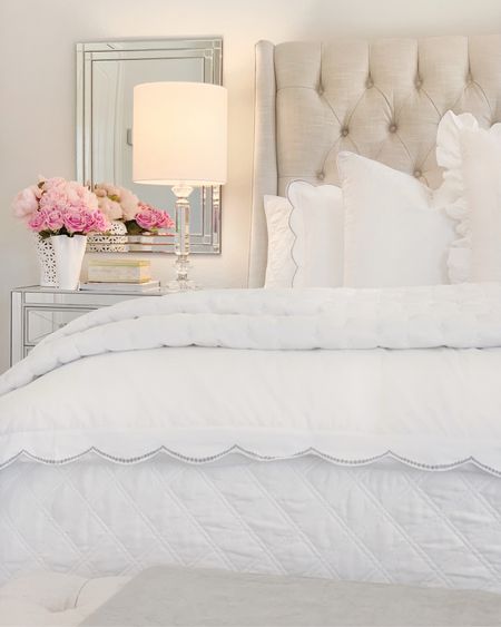 Scalloped bedding, white duvet cover, diamond stitch quilt, tufted upholstered bed, bedroom decor 

#LTKsalealert #LTKstyletip #LTKhome