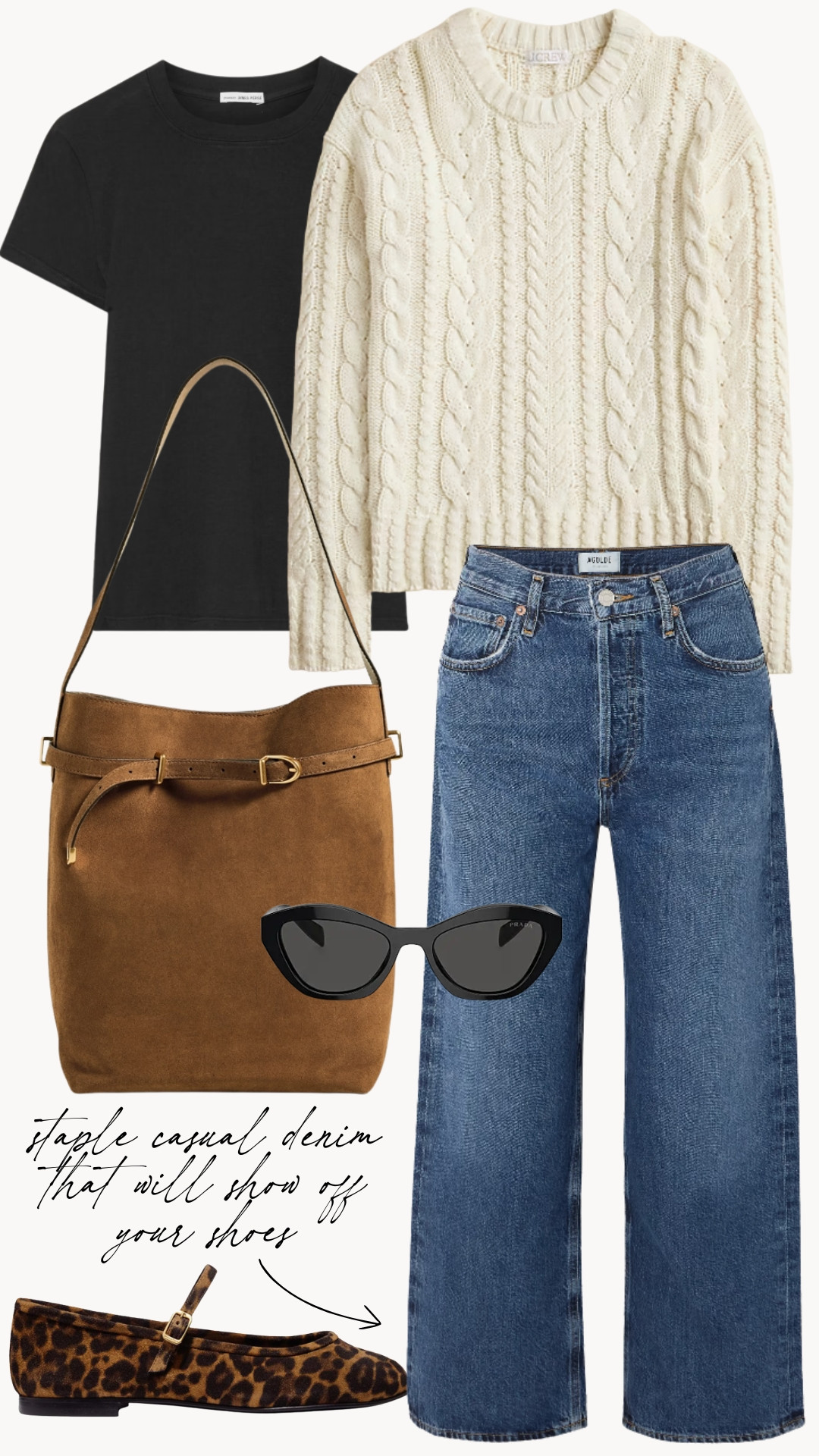 Cozy layered cable knit look with polished accessories and a pop of leather. The neckline on this James Perse tee is great for layering!  

 #LTKSeasonal