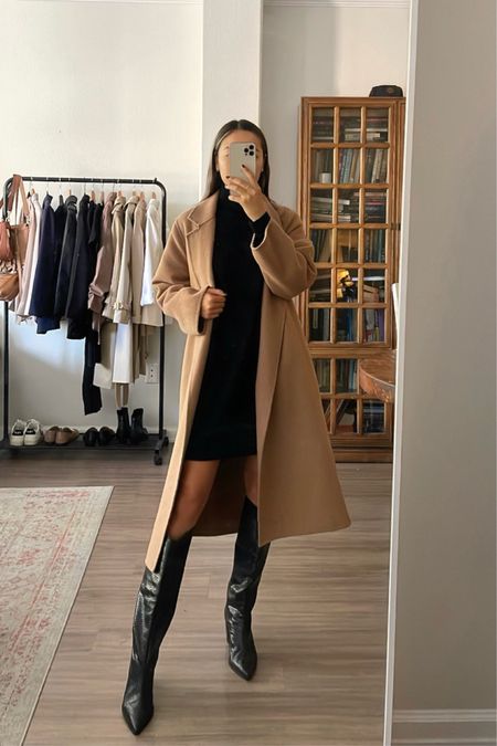 Fall outfit / 
camel coat xs 
Cashmere sweater dress xs - linked similar budget friendly option 
Schutz leather knee high boots - code JASMINE20 for 20% off 

#LTKstyletip #LTKsalealert #LTKSeasonal