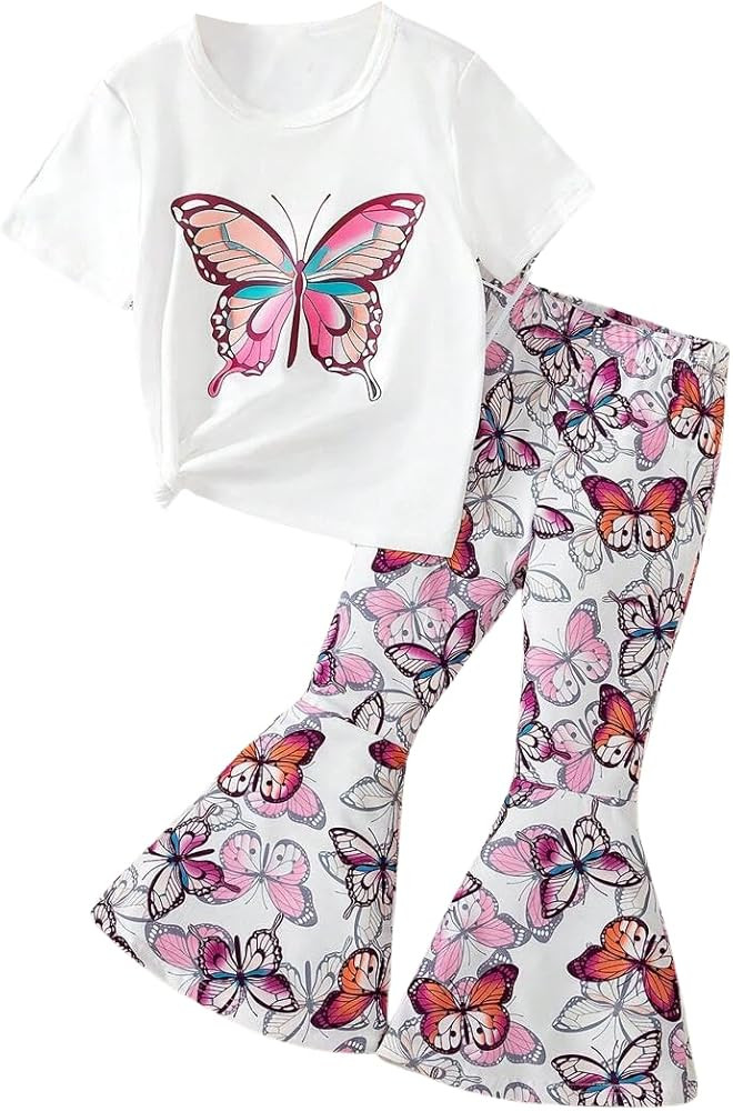 OLMRJKD Kid Toddler Girl Clothes Outfits Short Sleeve Butterfly Top Flared Leg Pants Summer Cloth... | Amazon (US)