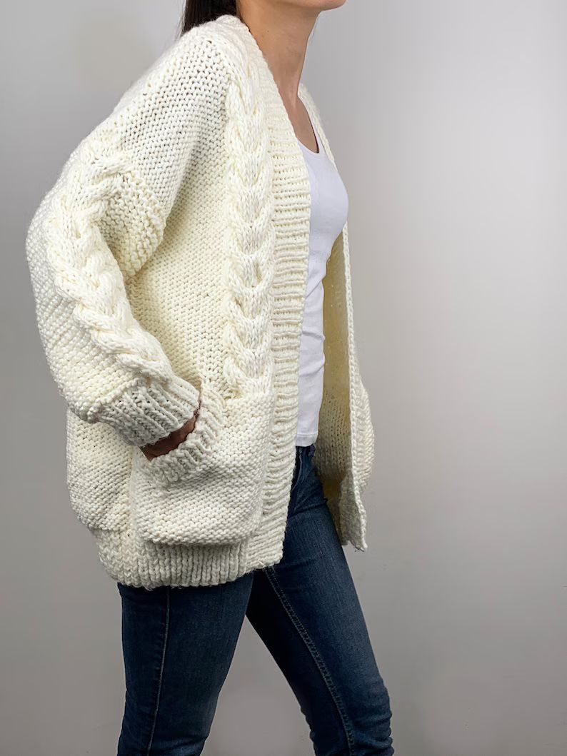 Hand knit oversize woman sweater chunky slouchy dark Khaki wool cable knit cardigan | Etsy (US)