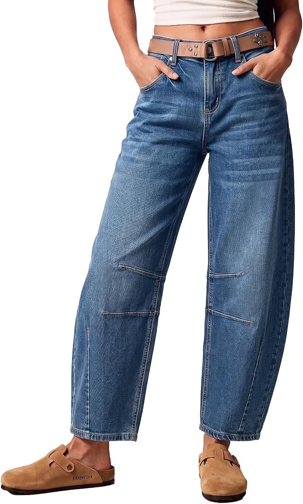 Sidefeel Women's Barrel Jeans Wide Leg Mid Rise Y2k Ankle Denim Pants | Amazon (US)