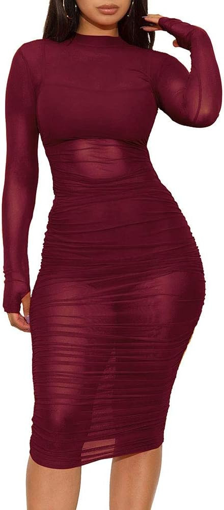 Women's Sexy Mesh See Through Dresses Long Sleeve Midi Bodycon Party Club Dress 3 Piece Outfits w... | Amazon (US)