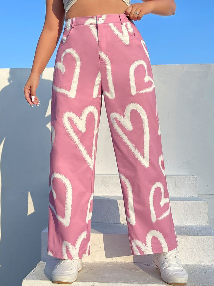 SHEIN EZwear Plus Heart Print Wide Leg Pants | SHEIN