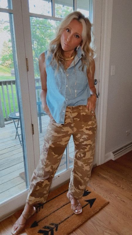 Can’t get enough… I continue to grab these camo pants… this color scheme is sooo good… it’s honestly even prettier in person…LOVE these pants with this fun denim top… it’s nice that it’s sleeveless too… still tailored and nice for work… will look great with white, black or a color denim too… I’m wearing true to size in pants and medium top… I didn’t want this tight… Melinda Maria jewelry discount with code LINDSAY….  Sandals, pants, summer outfit, spring outfit, Anthropologie 

#LTKSeasonal #LTKStyleTip #LTKVideo