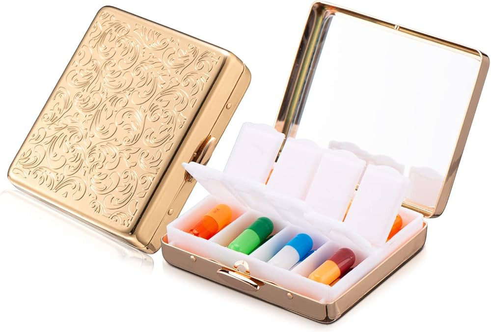 Portable Metal Travel Medicine Box with a Mirror / 8 Compartments (Gold) | Amazon (US)