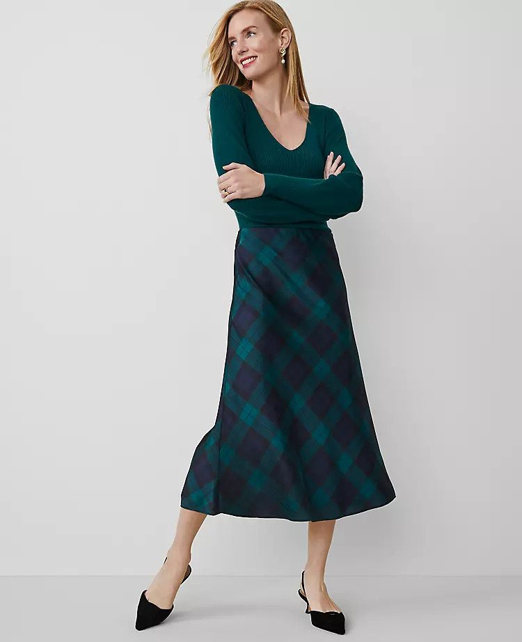 Tartan Bias Midi Slip Skirt | Ann Taylor (US)