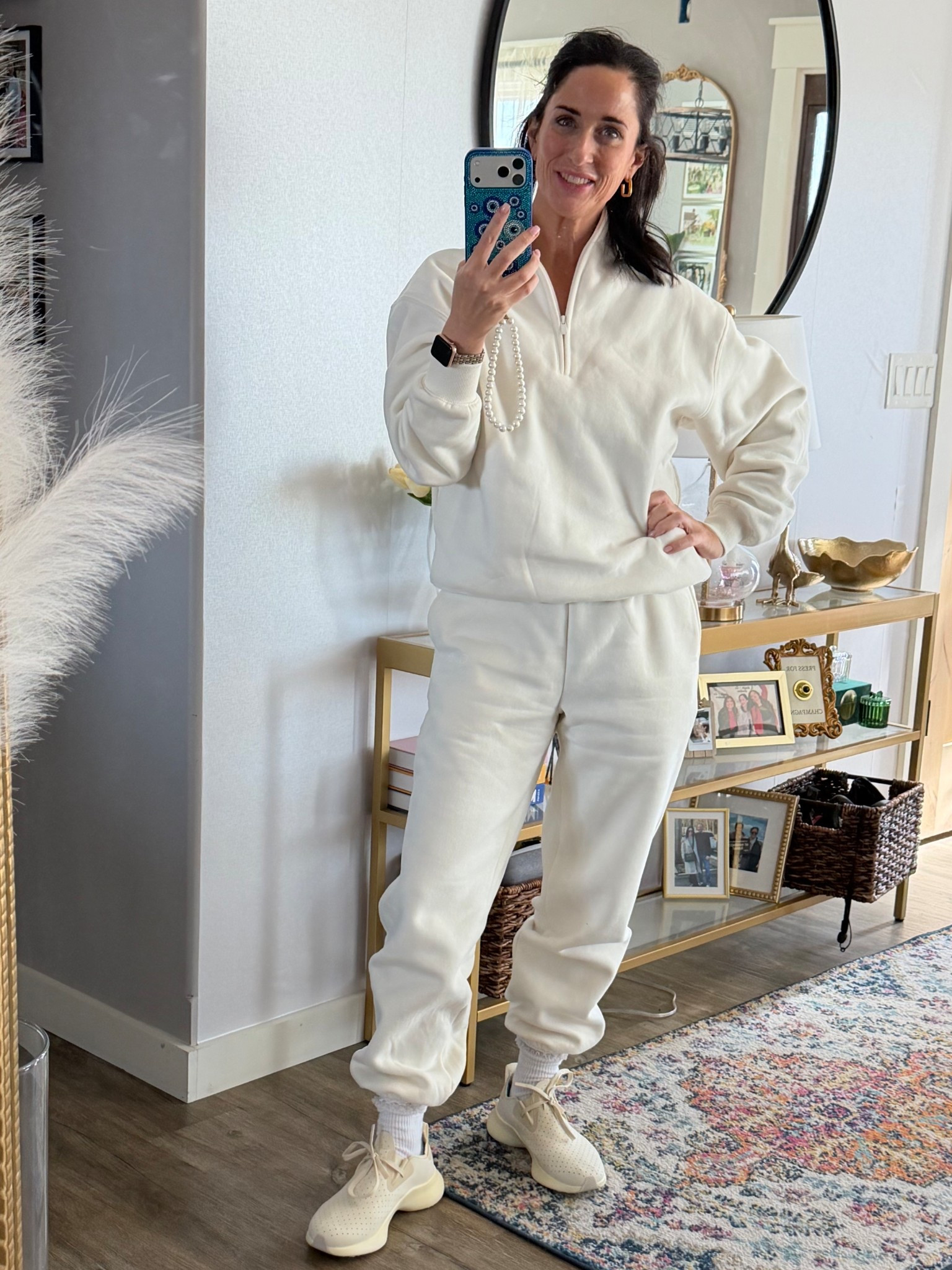 Cool and casual in a winter white ootd! 
Glowing from head to toe!
Linny Co gold hood earrings (use my cde hbo15 to save), shell comfrt set in new quarter zip style with signature sweatpants, native shoes new sneakers, the cutest aritzia frilly socks, gliwing on my face from the Laura geller gliw balm in honey haze!

#LTKootd #LTKgrwm #LTKBeauty