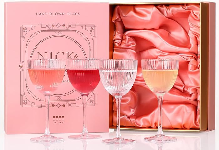 Nick and Nora Cocktail Glasses - Coupe Glasses Set of 4, Vintage Ribbed Martini Glassware, Crysta... | Amazon (US)