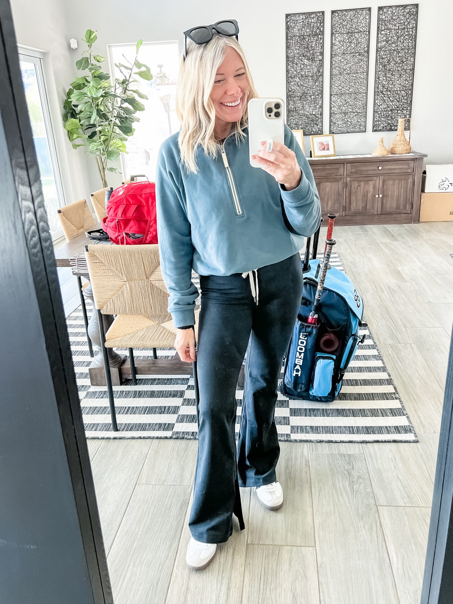 Travel outfit road trip outfit flare leg pants yoga pants half zip sweatshirt Vuori samba sneakers. XS pullover and pants. 6 shoes (I wear a women’s 8, these run so big)  


#LTKtravel #LTKover40 #LTKSeasonal