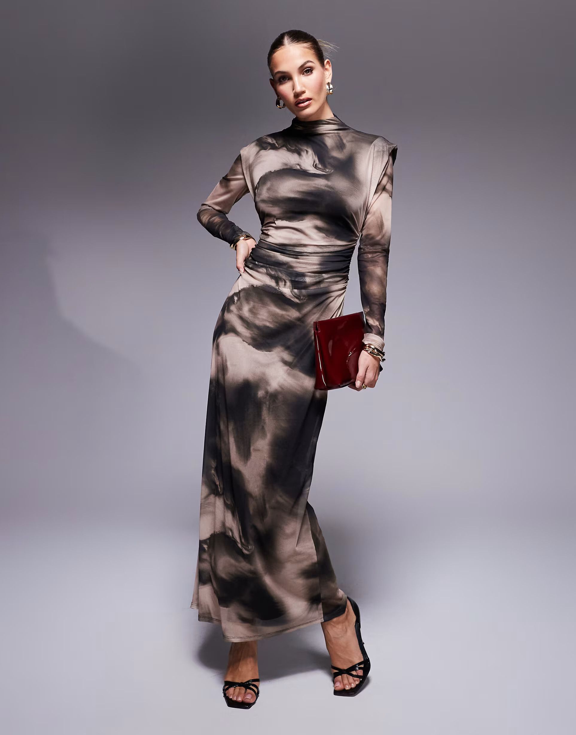 ASOS DESIGN high neck long sleeve maxi dress in tonal marble print | ASOS (Global)