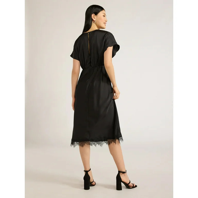 Scoop Women’s Lace Trimmed Bias Cut Midi Dress with Flutter Sleeves, Sizes XS-XXL | Walmart (US)
