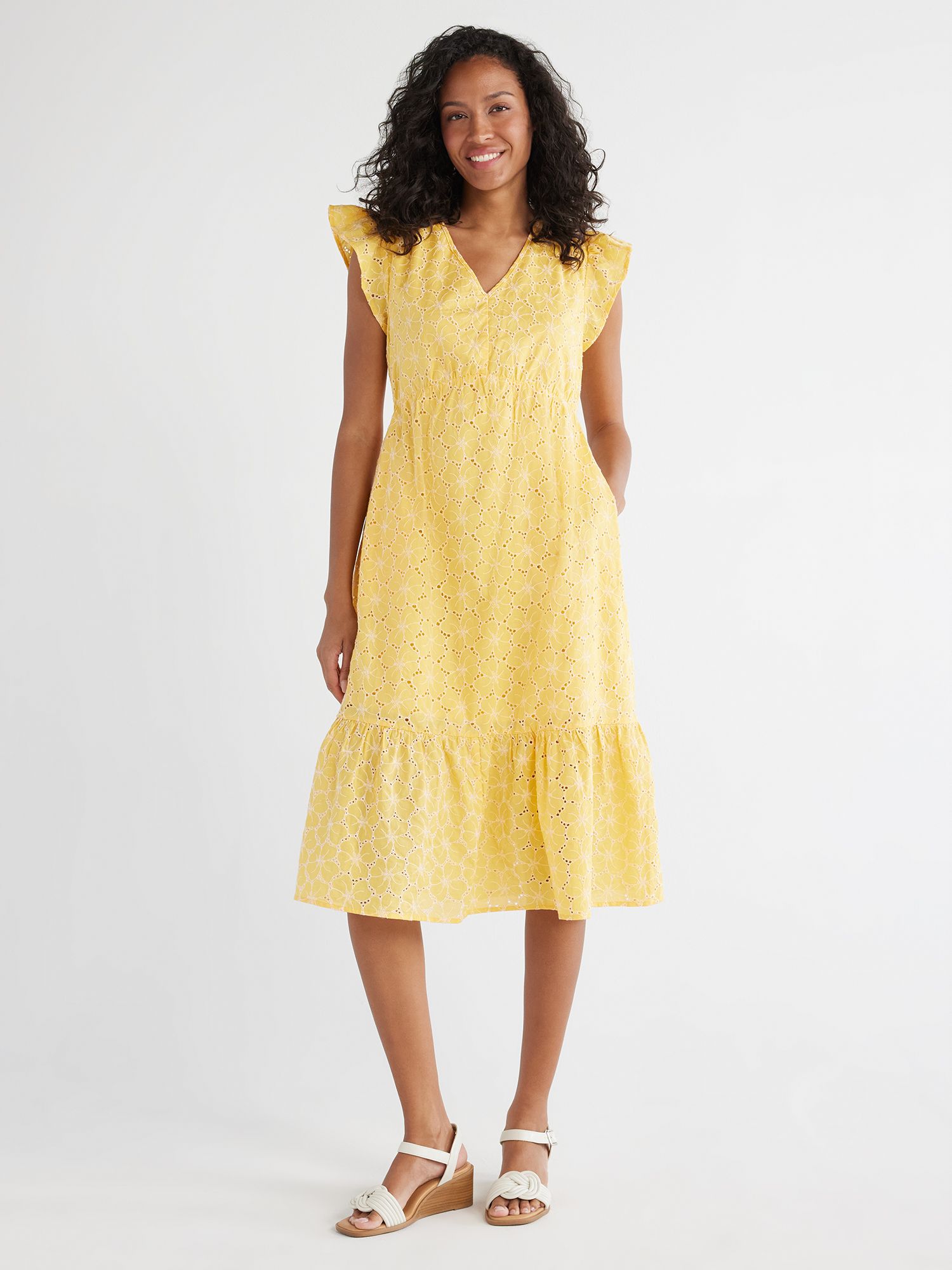Time and Tru Women's & Women's Plus Floral Eyelet Dress with Flutter Sleeves, Sizes XS-4X | Walmart (US)