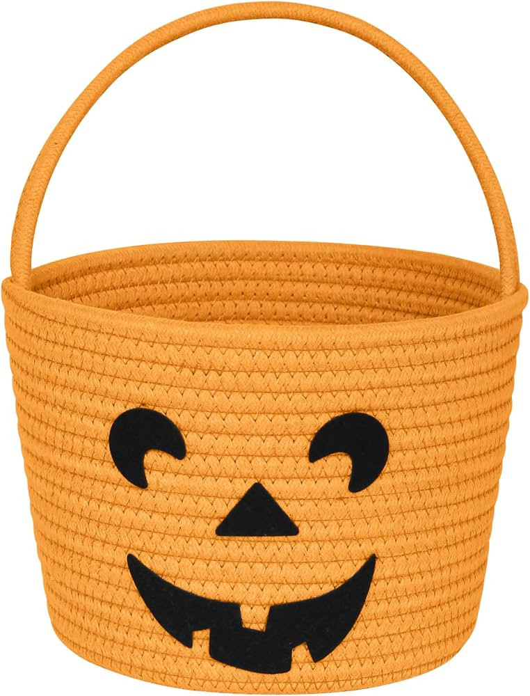 Halloween Pumpkin Basket for Kids, Trick or Treat Candy Bucket, Small Woven Boo Spooky Ghost Bask... | Amazon (US)