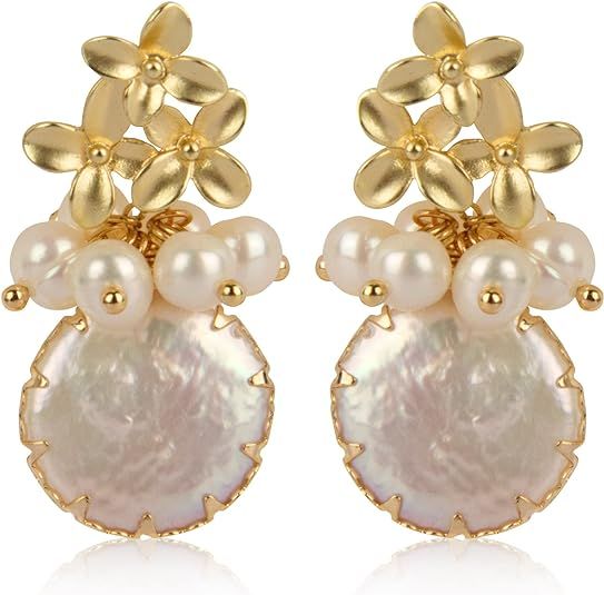 zqhhyy 18k Gold Baroque White Big Pearl Drop Earrings For Women Handmade Trendy Comfy Real Freshw... | Amazon (US)