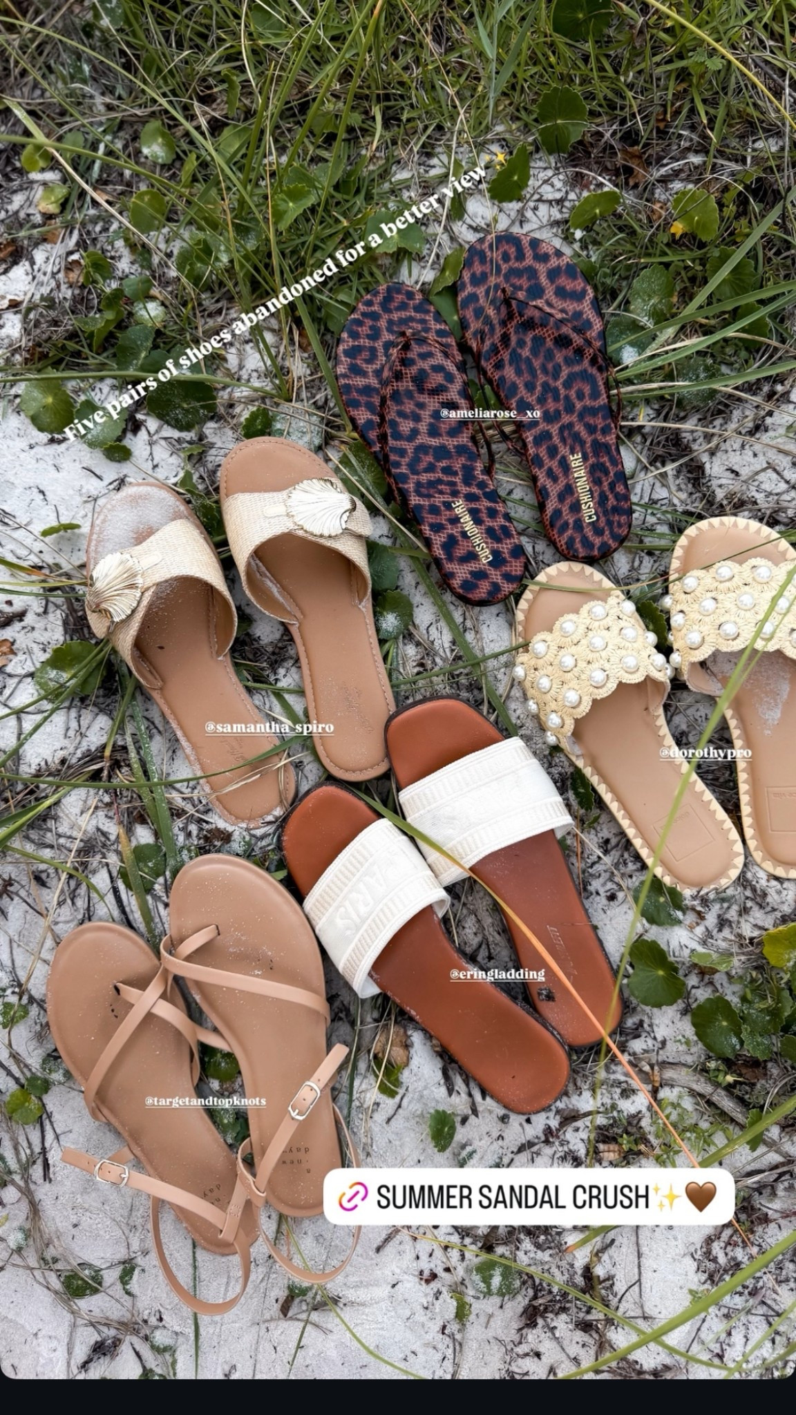 When 5 fashionista friends abandon their summer sandals to walk on the beach.  ☀️ 🌊 

So many cute affordable summer sandal options for the beach, vacation, travel, etc! 

#LTKTravel #LTKShoeCrush #LTKFindsUnder50