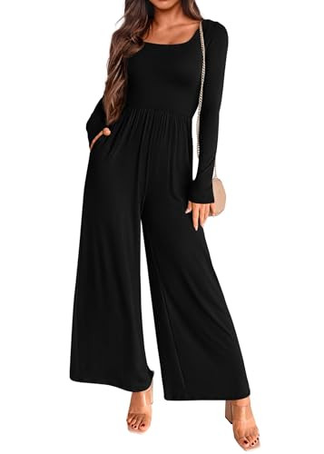 KIRUNDO Long Sleeve Jumpsuit for Women 2025 Summer Fall Fashion Lightweight One Piece Square Neck Wide Leg Romper Pockets(Black, Large) | Amazon (US)