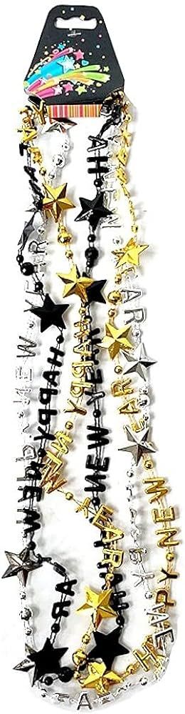 Pack of 12 Happy New Year Eve 2024 Assorted Gold Black Silver Color Party Bead Necklaces | Amazon (US)