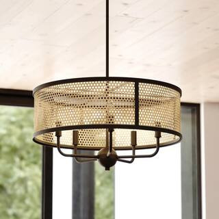 Berens 5-Light Matte Black Modern Farmhouse Drum Pendant Chandelier Fixture with Rattan Cane Shade | The Home Depot