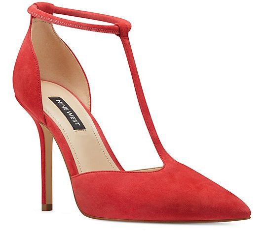 Nine West T-Strap Leather Pointed Toe Pumps - Breezy | QVC