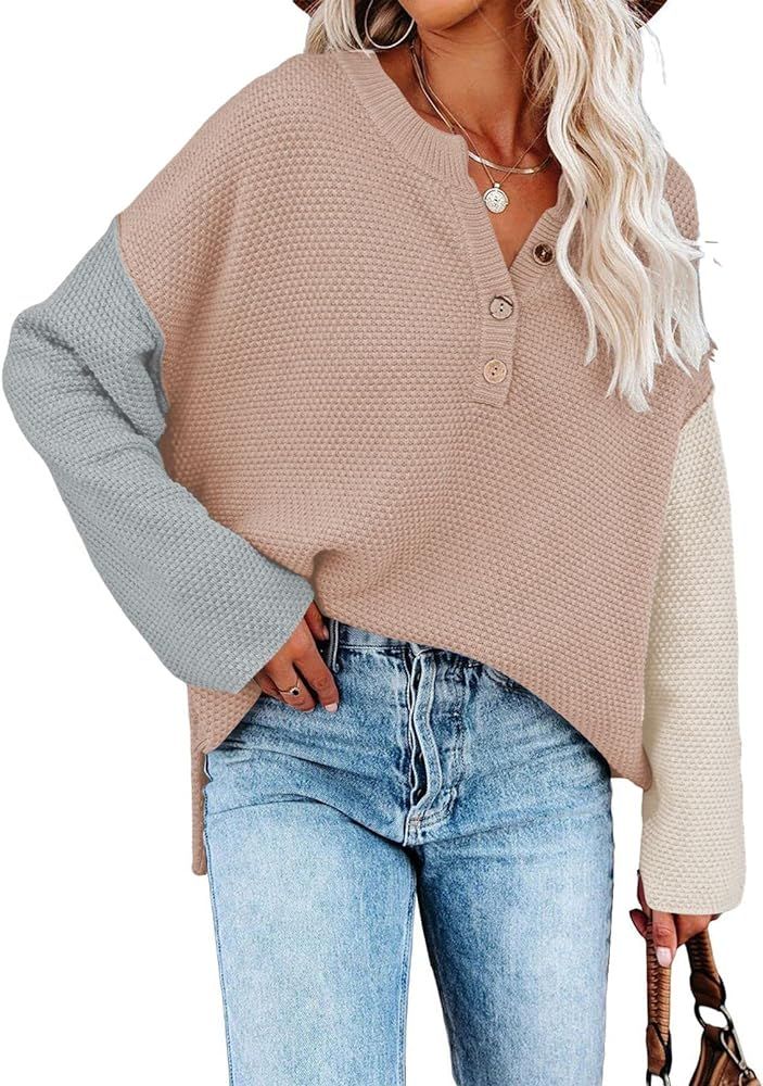 Pink Queen Women's V Neck Button Sweater Oversized Batwing Long Sleeve Henley Pullover Knit Jumpe... | Amazon (US)