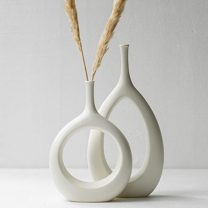 Ceramic Vase 2 Pack, White Modern Bud Vase, Ceramic Modern Vase Decor, Sculpture Decor, Fire Plac... | Amazon (US)