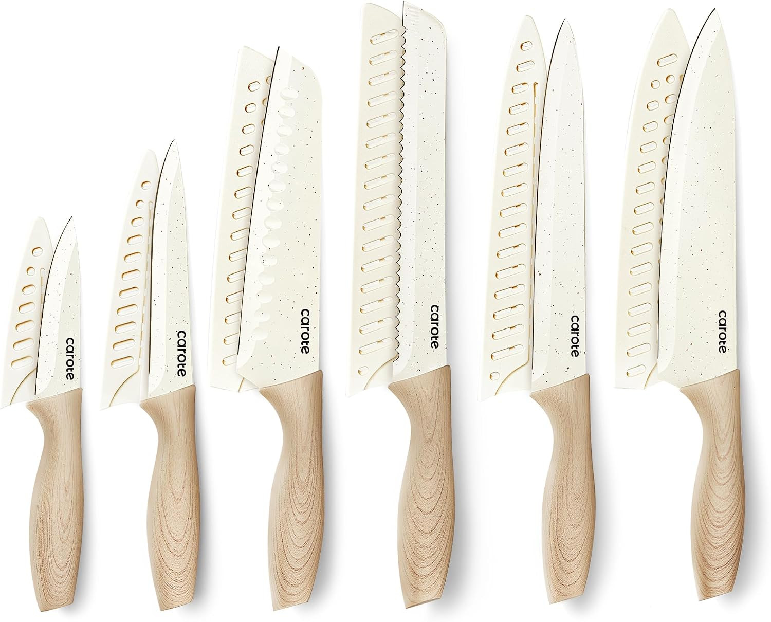 CAROTE 12-Piece Knife Set, Knives with Wood-Grain Finish Handles, White | Amazon (US)