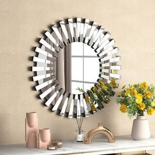 32 in. W x 32 in. H Sunburst Wall Mirrors Decorative Round Mirror for Wall Modern Silver Mirror f... | The Home Depot