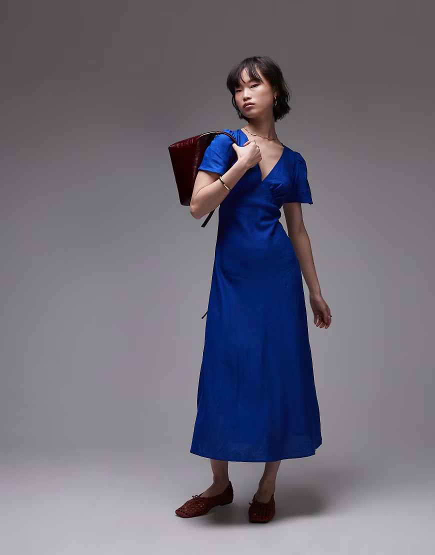 Mango linen short sleeve midi dress in blue | ASOS (Global)