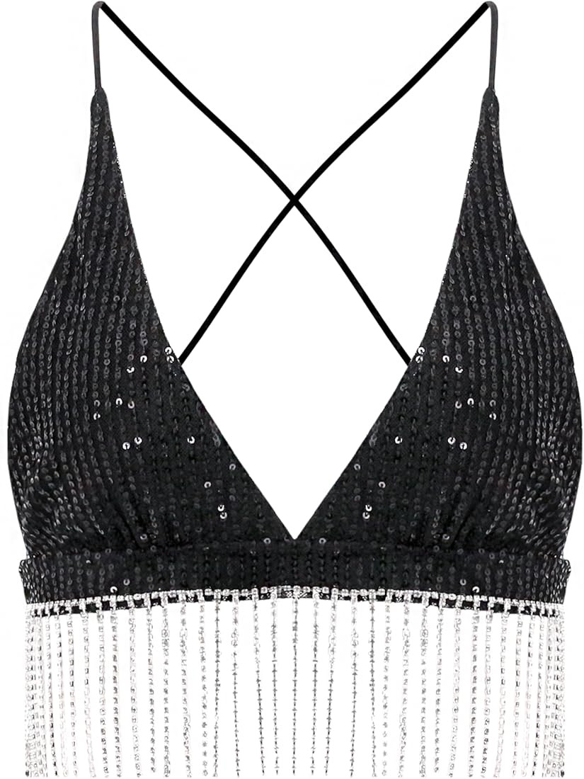 Vimoisa Women Reflective Metallic Tank Top Bustier Spaghetti Strap Crop Top Tight Sleeveless Tube To | Amazon (US)