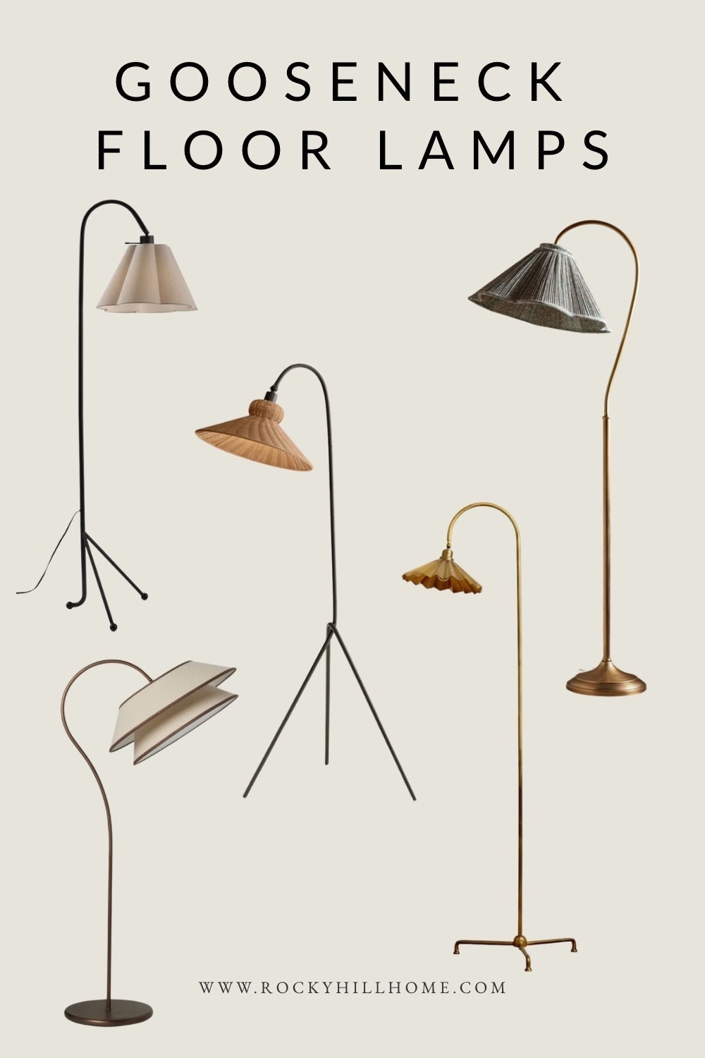 This tightly curated roundup features my favorite gooseneck floor lamps. The curved lamps with pleated shades, woven texture, and warm brass finishes are a great way to add color, texture and sculptural interest to your space. These are perfect beside a sofa, reading chair, or empty corner that needs height and warmth. #LTKHome #CozyHome #ModernTraditional #FloorLamp