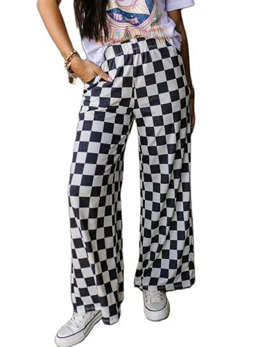 Sunloudy Womens Checkered Wide Leg Pants High Elastic Waisted Straight Loose Fitted LoungeTrouser Streetwear (Black, L) | Amazon (US)