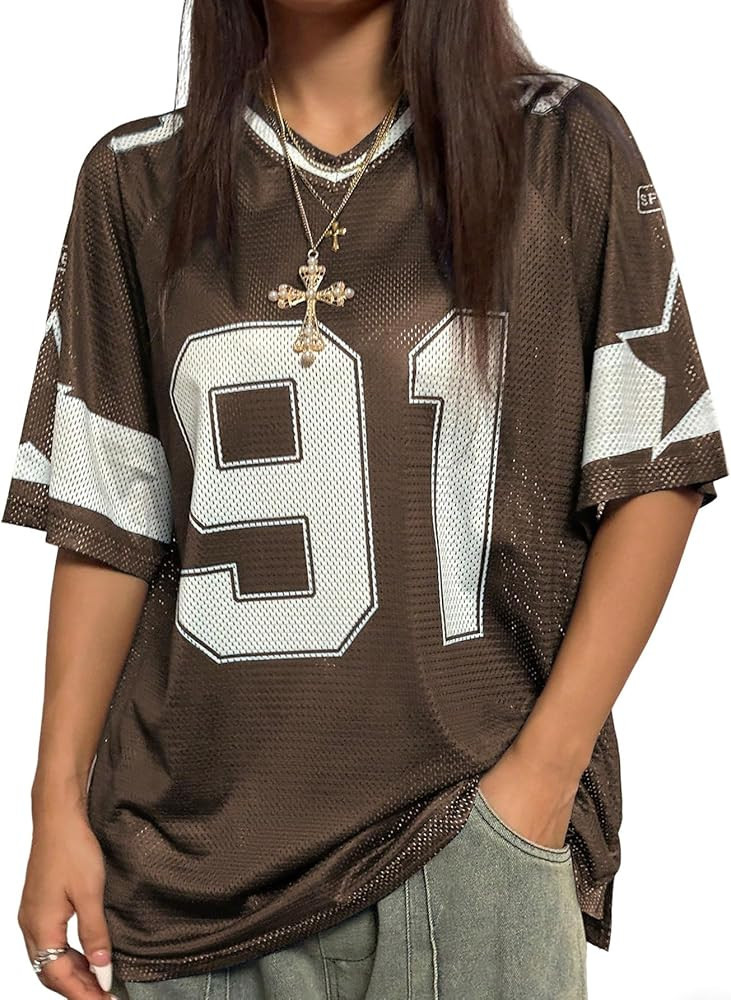 SHENHE Women's Graphic Football Jersey Top V Neck Short Sleeve Loose T Shirt Streetwear | Amazon (US)