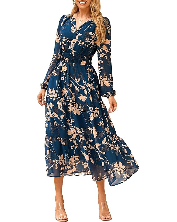 Simplee Women's Floral Boho Long Sleeve Maxi Dress V Neck Empire Waist Swing Flowy Wedding Guest ... | Amazon (US)