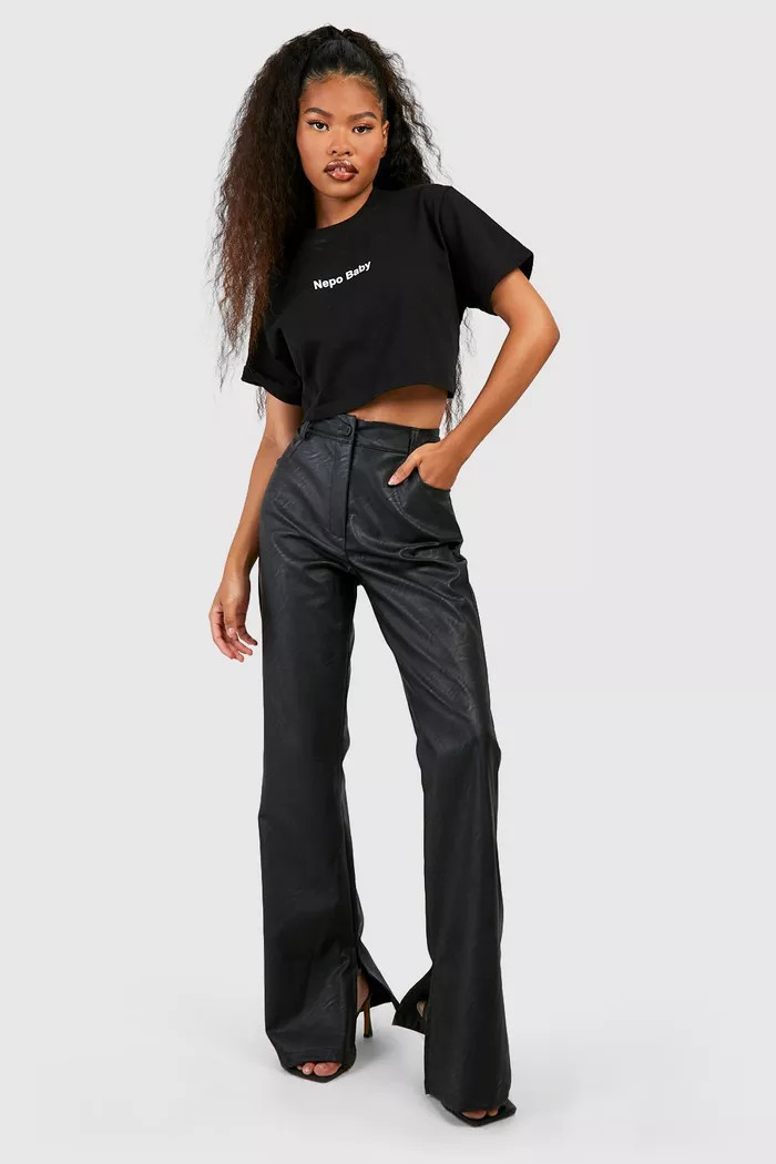 Faux Leather Split Hem Straight Fit Pants | boohoo (US & Canada)