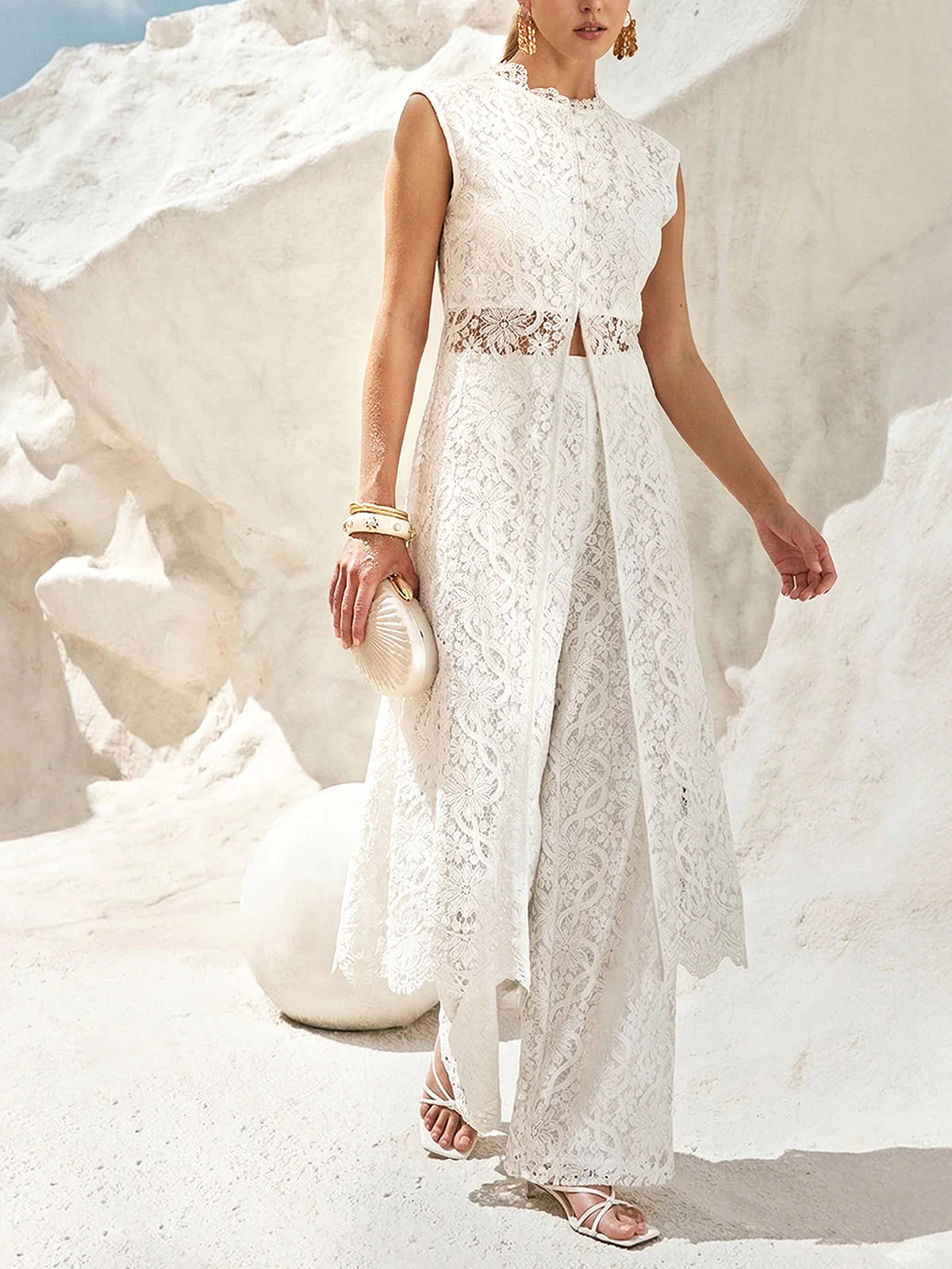 Lace Mid-Waist Wide-Leg Pants | Commense