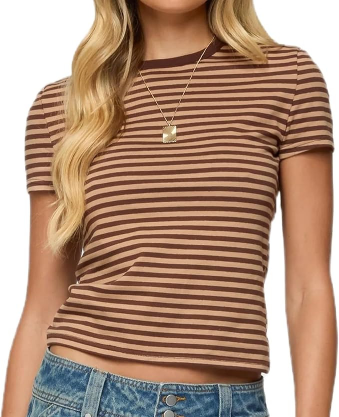 Y2K Striped Babytee for Women Short Sleeve Crew Neck Fitted Crop Tops Teen Girls Preppy Tees Summ... | Amazon (US)