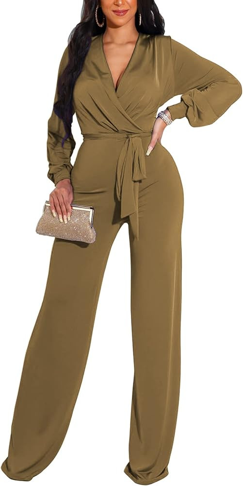 Women's Sexy Sparkly Jumpsuits Plus Size Elegant Clubwear Long Sleeve Wide Leg Pants Rompers with Be | Amazon (US)