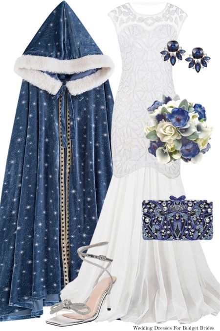 Affordable winter wonderland bridal outfit for the bride to be in blue, white, and silver.

#bluevelvethoodedcloak #weddingdress #receptiondress #whiteeveningdress #fauxflowerbouquet

#LTKstyletip #LTKSeasonal #LTKwedding