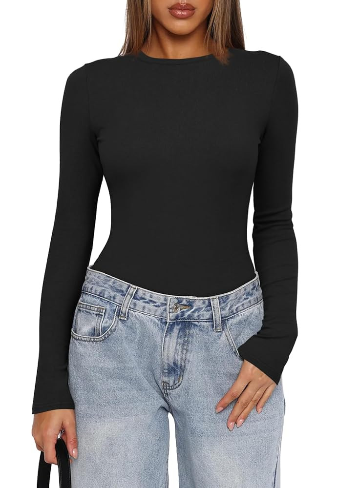 Darong Women's Long Sleeve Bodysuits Crew Neck Body Suits 2024 Basic One Piece Bodysuit Tops | Amazon (US)