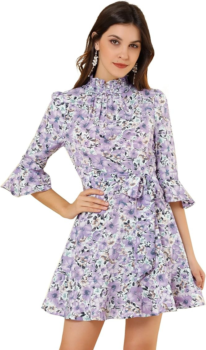 Allegra K Women's Floral 3/4 Bell Sleeve Smocked Belted Flare Ruffle Dress | Amazon (US)