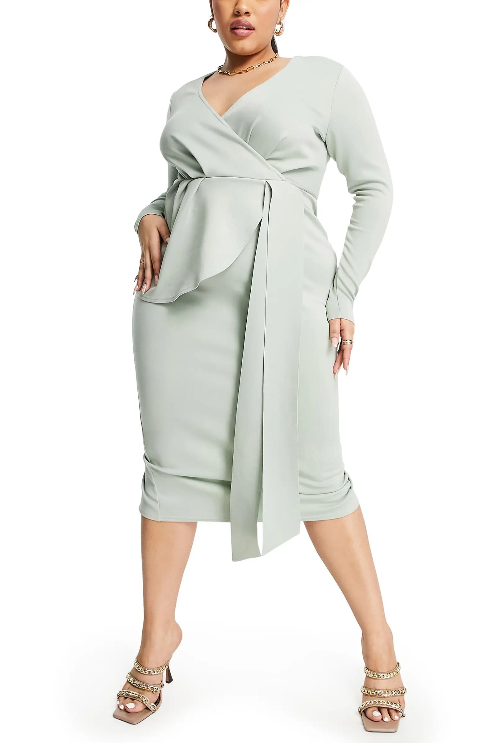 ASOS DESIGN Curve Long Sleeve Faux Wrap Midi Dress | Nordstrom | Nordstrom