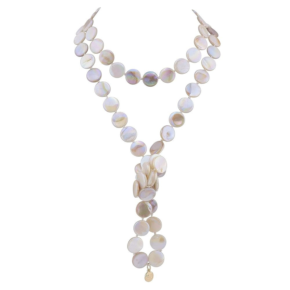 Firstmeet Flat Round Coin Shell Beads Long Knotted Necklace Natural Mother of Pearl Handmade Jewe... | Amazon (US)