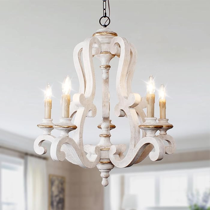 Farmhouse Distressed White Wooden Chandelier, French Country Empire Pendant Lighting Fixture with... | Amazon (US)
