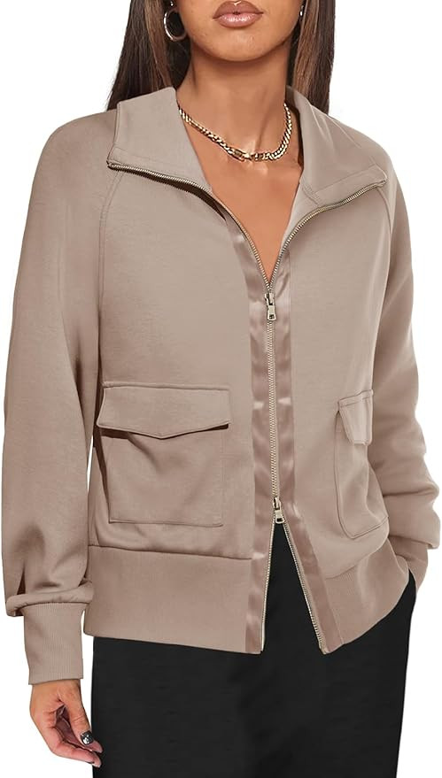 Fisoew Women's Zip up Sweatshirt Collared Neck Long Sleeve Loose Casual Lightweight Jacket with P... | Amazon (US)