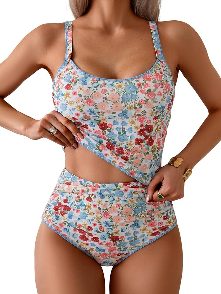 Eomenie Tankini Swimsuit for Women Tummy Control Ruched Two Piece Bathing Suits High Waisted Shel... | Amazon (US)