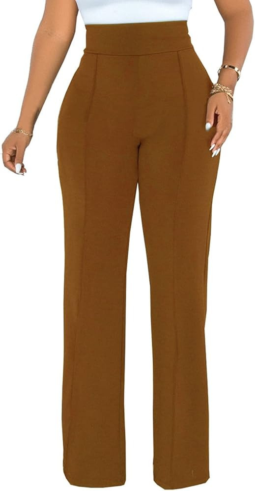 Ekaliy Women Work Pants Yoga Business Casual Pants Straight Leg Stretch Work Pant High Waist | Amazon (US)