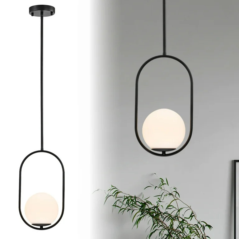 Globe Hanging Pendant Ceiliing Light Fixtures Mid Century Modern Black Chandelier Opal Glass Shad... | Walmart (US)
